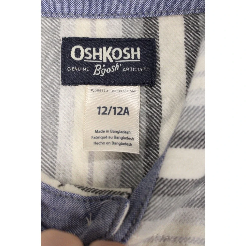 OshKosh Bgosh Boys Grey Blue Striped Flannel Button Down Shirt Size 12 NWT